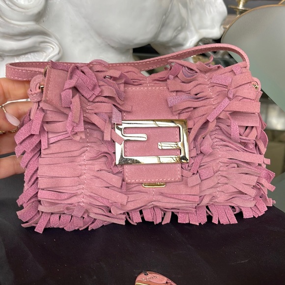 Fendi Pink Suede Fringe Baguette - Picture 1 of 10